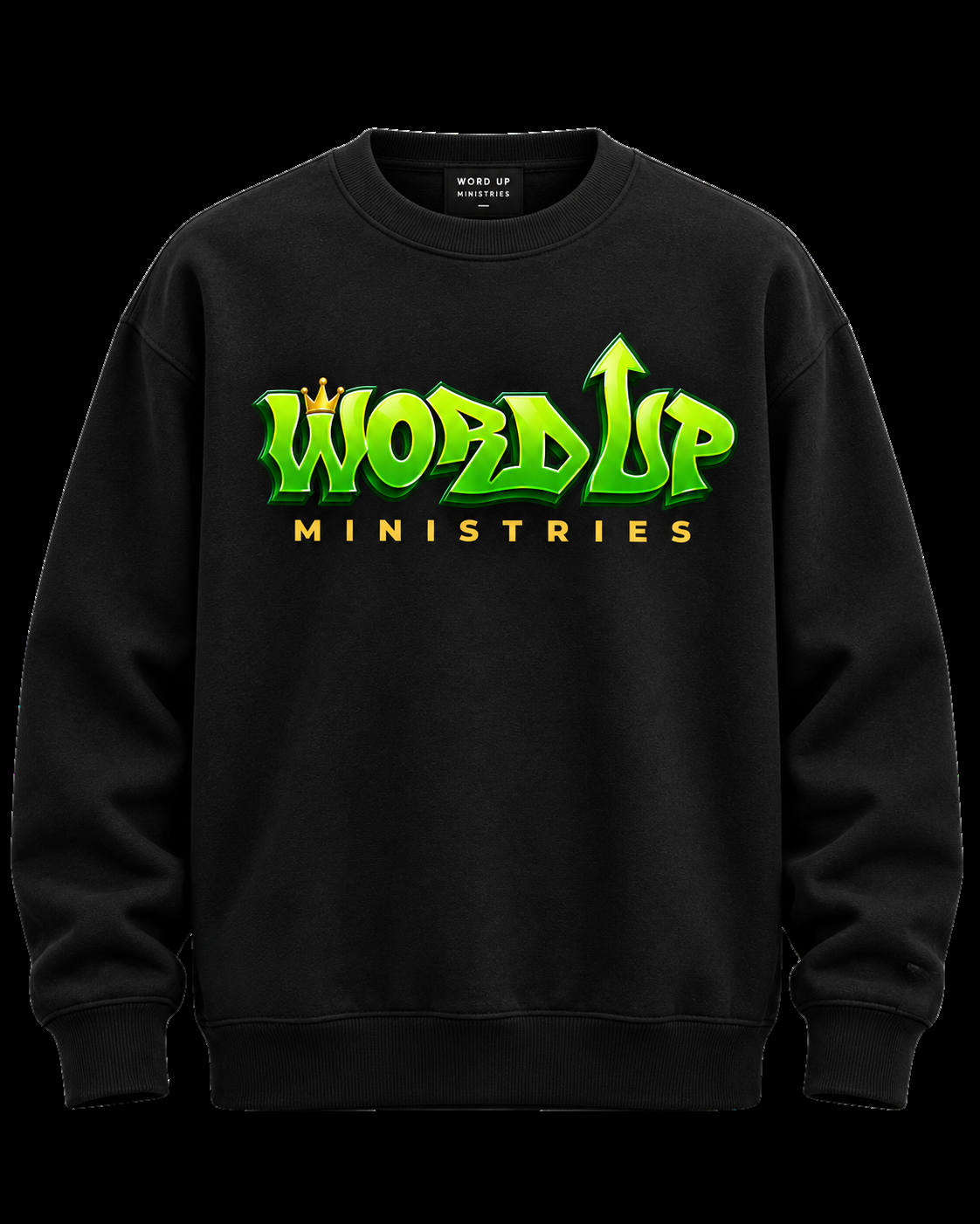 Word Up Crewneck in black with the green and gold Word Up Ministries logo