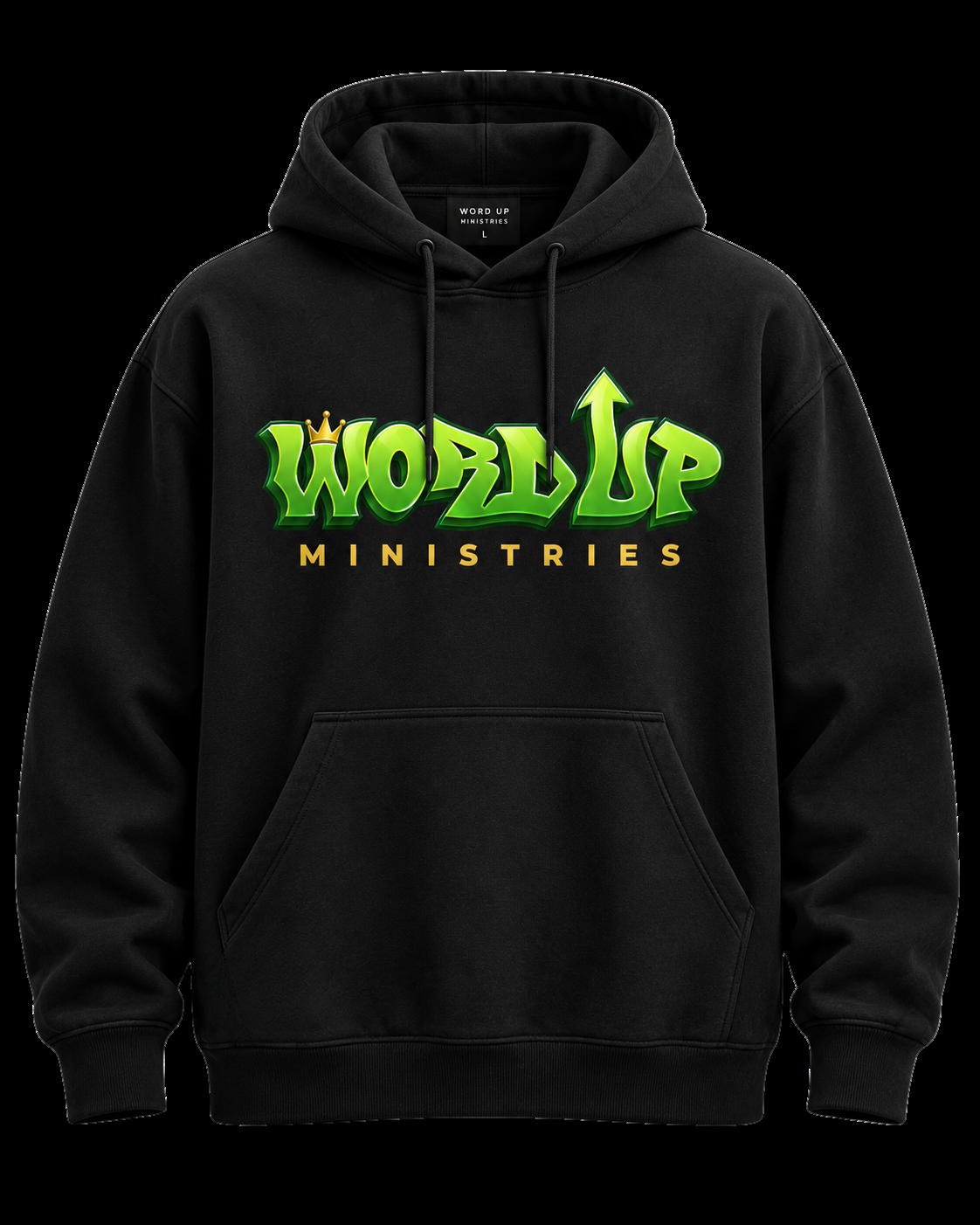Word Up Hoodie in black with the green and gold Word Up Ministries logo