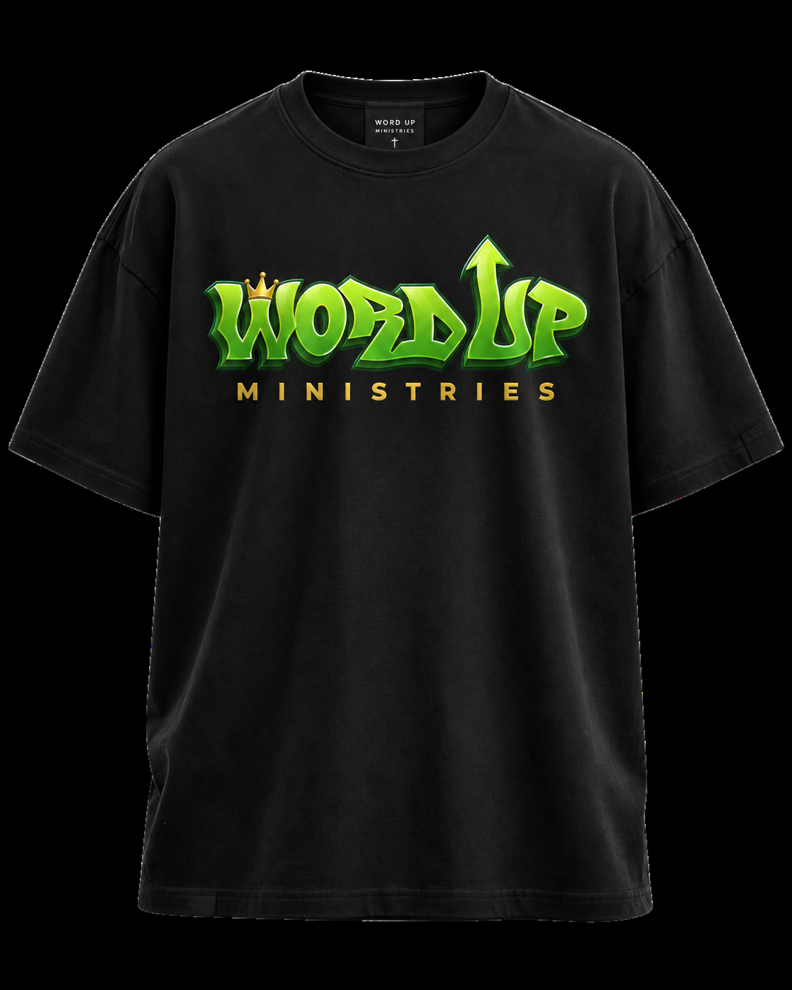 Word Up Tee in black with the green and gold Word Up Ministries logo
